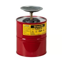 Justrite Flammable Liquid Dispensing Can Perforated Pan Screen Servces As Flame Arrester  Justrite Part Code: 10308 Can dimensions: 10.5 in H x 7.25 in OD (26.7 cm H x 18.5 cm OD) Capacity: 4 Litres / 1 Gallon Benefits Perforated upper pan serves as a flame arrester Pump base designed to leave less liquid in bottom before refilling FM Approved & TUV Certified Technical Specification
